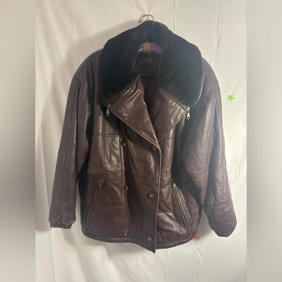 VTG Brown Oversized Genuine Leather Pilot Style Jacket Faux Fur Collar Men’s M - Picture 10 of 15